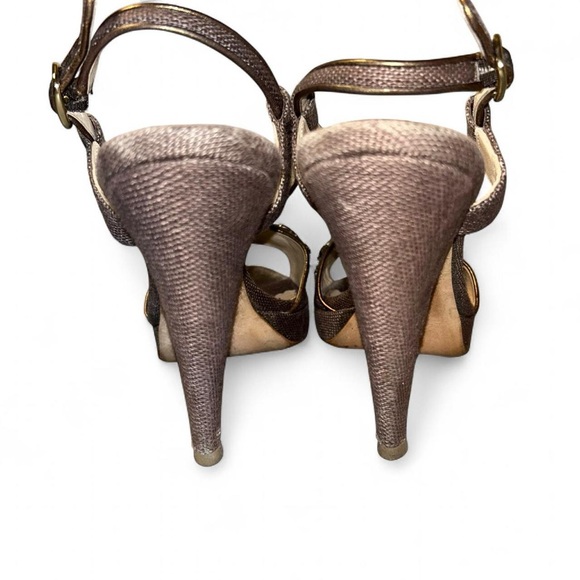 Oscar De La Renta Sz 40 Linen High Heel Sandal Beaded Rhinestone Embellished - Picture 5 of 8